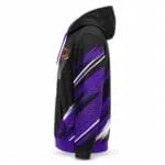 Custom black and purple basketball hoodie side view with sublimated sleeve design