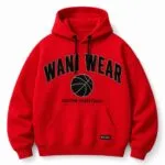 Custom red basketball hoodie back view with Wani Wear branding and chenille number 24
