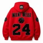 Custom red basketball hoodie back view with Wani Wear branding and chenille number 24