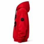 Side view of a custom red basketball hoodie with embroidered sleeve patch and black drawcords