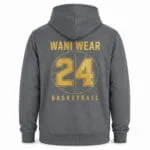 Custom basketball hoodie back view with Wani Wear name and gold number 24