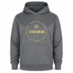 Custom grey basketball hoodie front view with gold Wani Wear basketball logo