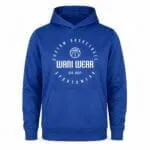 Custom royal blue basketball hoodie side view with kangaroo pocket