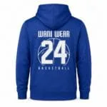 Personalized royal blue basketball hoodie back view with team name and number 24