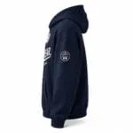 Custom navy blue basketball hoodie side view with branded sleeve logo