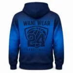 Personalized blue basketball hoodie back view with team name and number 24
