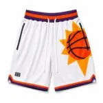Custom white basketball shorts with zipper pockets and orange basketball design