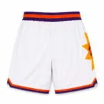 Custom white mesh basketball shorts back view with orange and purple trim
