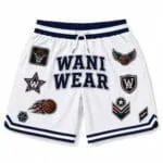 Custom white mesh basketball shorts with team logo patches front view
