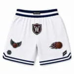 Custom embroidered basketball shorts back view with basketball logo patches