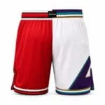 Custom red and white mesh basketball shorts back view with purple side graphic