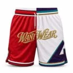 Custom embroidered basketball shorts in red and white split-color mesh