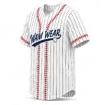Custom white full button pinstripe baseball jersey side view
