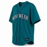 Custom teal baseball team jersey with full button front and navy trim