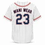 Custom white pinstripe full button baseball jersey front view