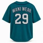 Personalized teal baseball jersey back with white player name and number 29