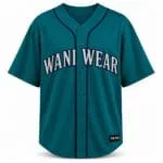 Custom teal full button baseball jersey with white team lettering and navy piping