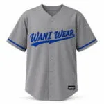 Custom grey and royal blue full button baseball jersey front view