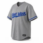 Custom grey full button baseball jersey with royal blue team lettering