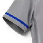 Grey performance fabric and royal blue tackle-twill appliqué close-up