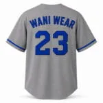 Custom grey full button baseball jersey back with royal blue player name and number 23