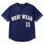 Custom navy blue full button baseball jersey with white tackle-twill lettering