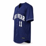 Custom navy full button baseball jersey with white team lettering and number 11