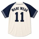 Personalized cream baseball jersey back with navy player name and number 11