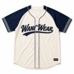 Custom cream and navy full button baseball jersey front view