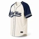 Custom cream full button baseball jersey with navy raglan sleeves