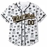 Custom white skull print full button baseball jersey front view