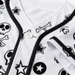 Custom skull print baseball jersey collar and button close-up