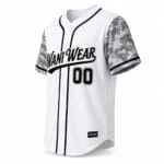 Custom full-button baseball jersey side view with camo sleeves and team logo