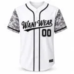 White custom full-button baseball jersey with team logo, number and camo sleeves