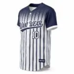 Navy-and-white custom baseball full button jersey side view