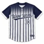 Custom baseball full button jersey front view in navy and white