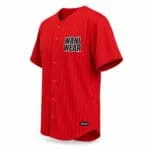 Custom red pinstripe full-button baseball jersey side view with woven private-label tag