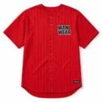 Custom red full-button baseball jersey front view with black pinstripes and WANI WEAR logo