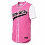 Pink custom full-button baseball jersey side view with logo and white sleeves