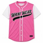 Pink custom full-button baseball jersey with white sleeves and team logo