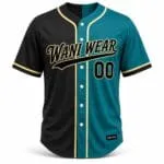 Custom teal black and gold baseball full button jersey front view with team logo and number