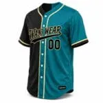 Personalized teal and black button-up baseball jersey side view with gold trim