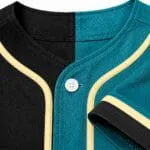 Custom button-up baseball jersey collar close-up with breathable mesh and reinforced stitching