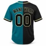 Custom teal and black baseball full button jersey back view with player name and number