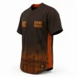 Customized black and orange button-up baseball jersey side view with cityscape print