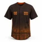 Custom black and orange baseball full button jersey front view with team logo and number Select 85 more words to run Humanizer.