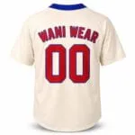 Custom two-button baseball jersey back view with player name and number