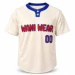 Custom two-button baseball jersey front view with team logo and number
