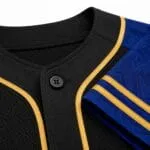 Custom baseball jersey collar, button and piping close-up