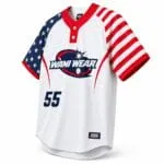 Custom red white and navy two-button baseball jersey side view